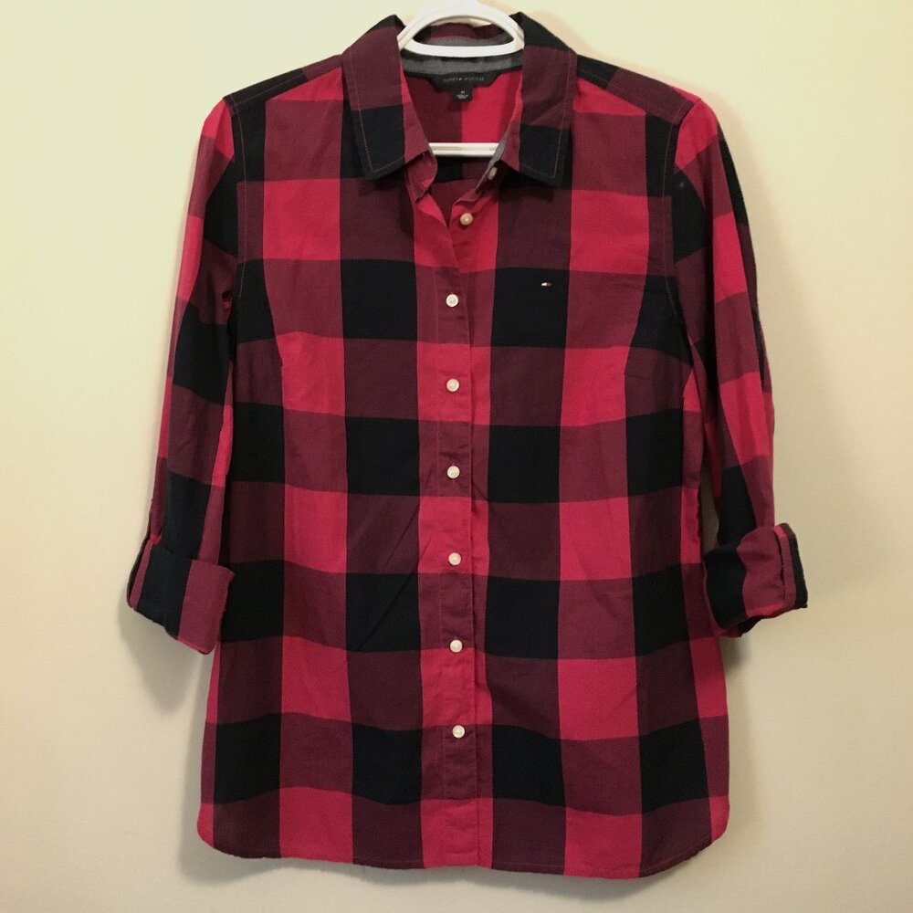 Tommy Hilfiger Black Red Plaid 100% Cotton Button Down Shirt - M